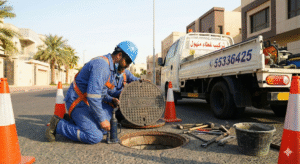 فني تركيب غطاء منهول مبارك الكبير 