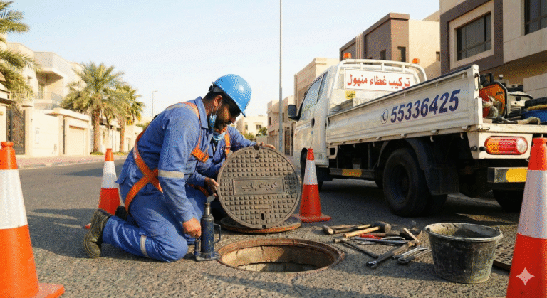 فني تركيب غطاء منهول مبارك الكبير  من كويت بايب 55336425